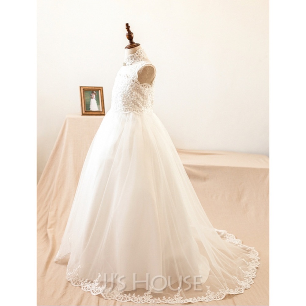 JJs House White Lace Tulle Flower Girl Formal Dress